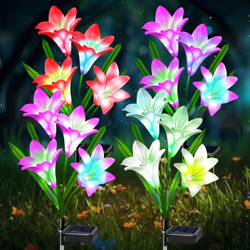 ostritec Solar Lights Outdoor Waterproof, 4 Pack Garden Decor Lights, 16 Multi-Color Changing Lily Solar Flowers for Yard Patio Pathway Decor, Gifts for Women Mom (4 Pack) - Image 1