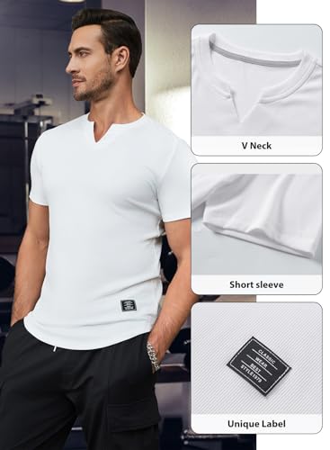 JMIERR Men's Muscle Slim Fit T-Shirt V Neck Hipster Longline White Henley Shirt Short Sleeve Gym Workout Athletic Fitted Tees Shirts for Men,US 43(L) - Image 4