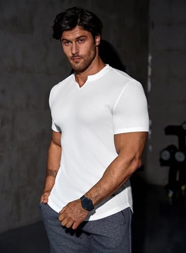 JMIERR Men's Muscle Slim Fit T-Shirt V Neck Hipster Longline White Henley Shirt Short Sleeve Gym Workout Athletic Fitted Tees Shirts for Men,US 43(L) - Image 3