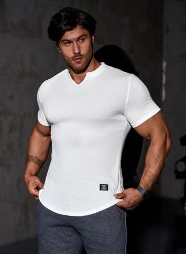 JMIERR Men's Muscle Slim Fit T-Shirt V Neck Hipster Longline White Henley Shirt Short Sleeve Gym Workout Athletic Fitted Tees Shirts for Men,US 43(L) - Image 2
