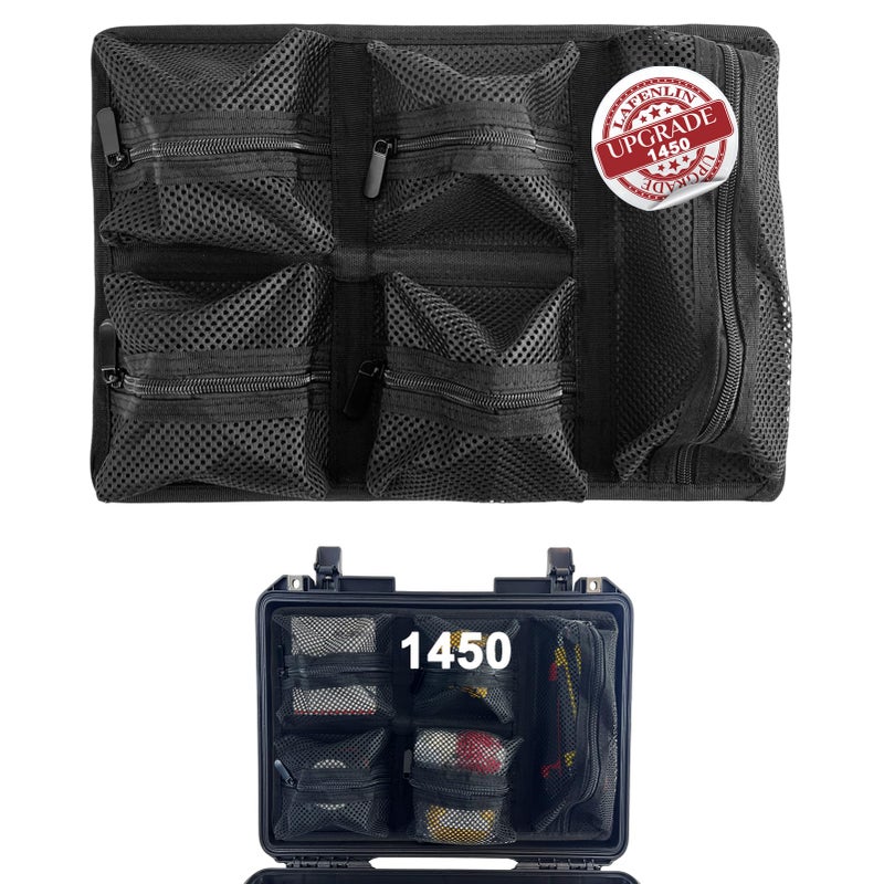 LAFENLIN UPGRADED Lid Organizer for Pelican 1450 Case [No Tools, Max Space] - 5-Pocket Thick Mesh for Photographers & Divers, Secures Camera Gear & Tools in Hard Cases, Hook & Loop Mount (No Screws) - Image 1