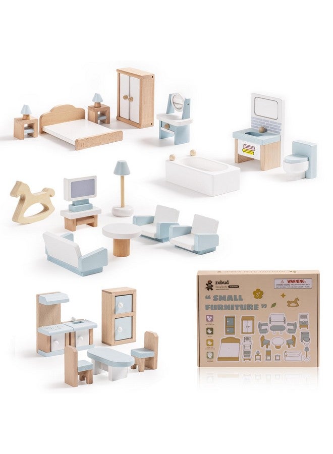 ROBUD ROBUD Wooden Dollhouse Furniture Set, 23 Pcs Dollhouse Accessories, Miniature Furniture Including 5 Room Kits, Dollhouse Furniture Pretend Play Toys for Boys, Girls & Toddlers, 3+ - Image 1