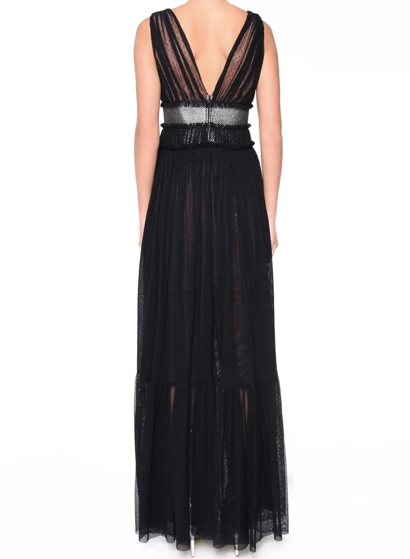 ترو ديكادينس Eve Black Nude Plunge-Front Shimmer Belt Maxi Dress