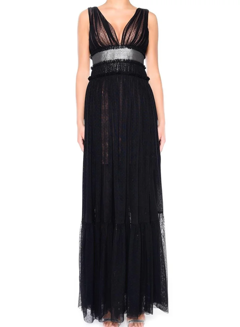 ترو ديكادينس Eve Black Nude Plunge-Front Shimmer Belt Maxi Dress