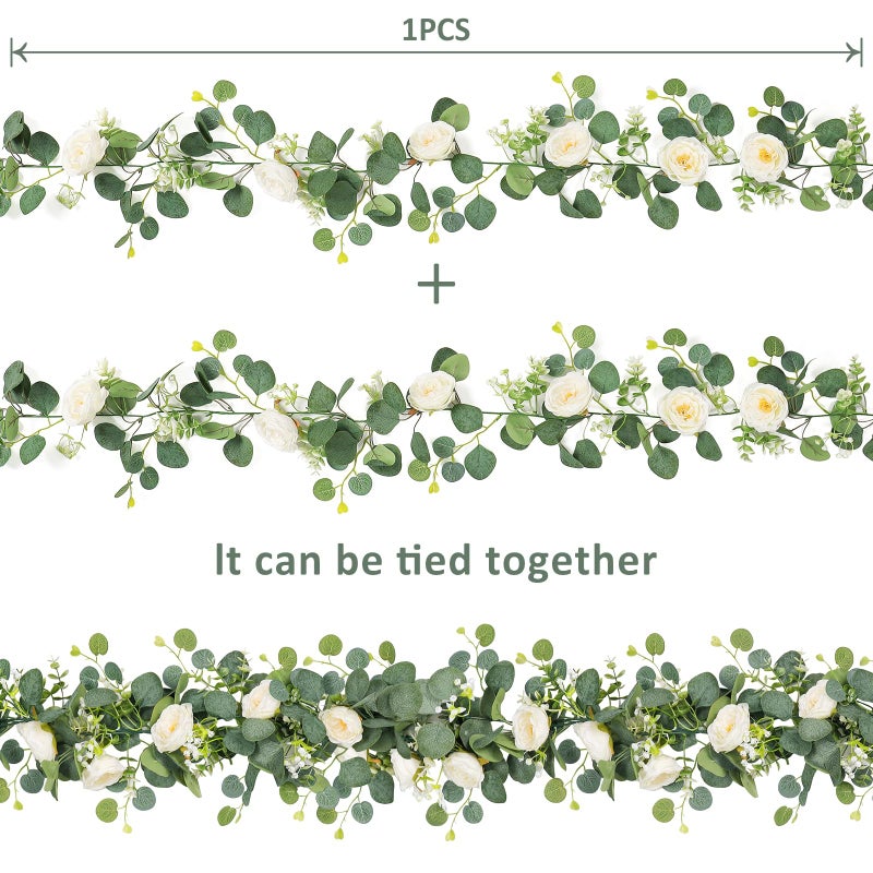 TOCHGREEN 2 Pack 13Ft Artificial Eucalyptus Flower Garland with White Roses, Fake Rose Flower Greenery Garland Floral Vines for Wedding Home Party Table Runner Decor (2PCS, White) - Image 4