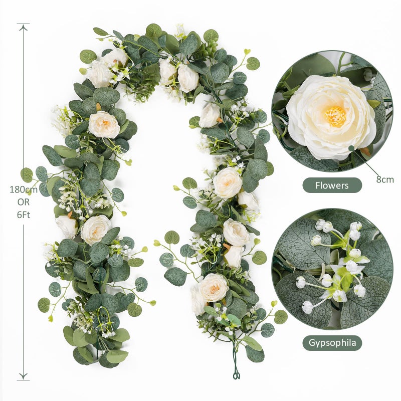 TOCHGREEN 2 Pack 13Ft Artificial Eucalyptus Flower Garland with White Roses, Fake Rose Flower Greenery Garland Floral Vines for Wedding Home Party Table Runner Decor (2PCS, White) - Image 5