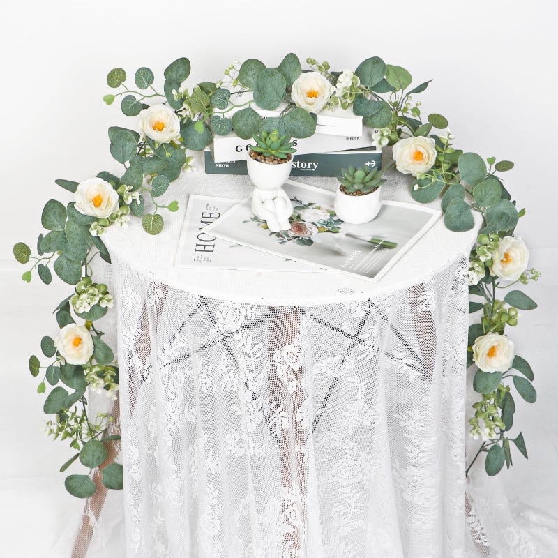 TOCHGREEN 2 Pack 13Ft Artificial Eucalyptus Flower Garland with White Roses, Fake Rose Flower Greenery Garland Floral Vines for Wedding Home Party Table Runner Decor (2PCS, White) - Image 3