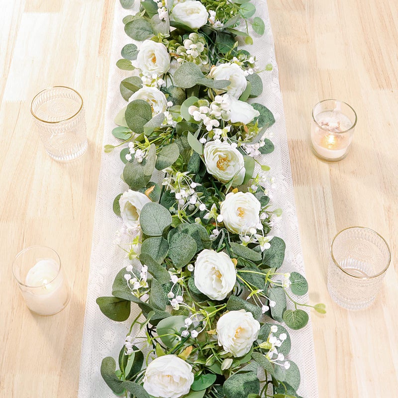 TOCHGREEN 2 Pack 13Ft Artificial Eucalyptus Flower Garland with White Roses, Fake Rose Flower Greenery Garland Floral Vines for Wedding Home Party Table Runner Decor (2PCS, White) - Image 1