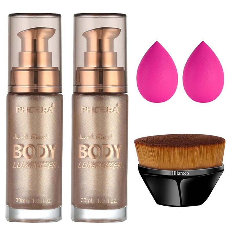 Hilareco PHOERA Body Shimmer OilWaterproof Long Lasting Moisturizing Body Luminizer Glow Body Illuminator Highlighter for Face with Makup Bursh 1ozJars2PCS 101 Rose Gold