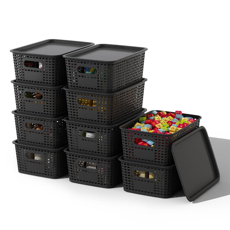 ORGIDOL Plastic Storage Basket with Lids 10 Pack Stackable Black Storage Bins Containers with Lid Decorative Storage Boxes for Organizing Shelves Drawers Playroom Classroom Office Closet - Image 2