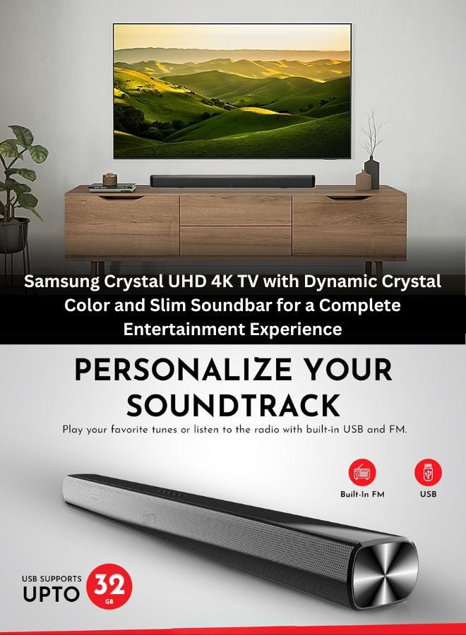 Samsung 85-Inch Crystal UHD DU8000 4K Smart Tv HDR 10+, Dynamic Crystal Color, AirSlim Design With 2.0 Channel Soundbar 30W, HDMI ARC, Bluetooth, USB, MP3, FM Station 85DU8000+SOUNDBAR Grey - Image 4