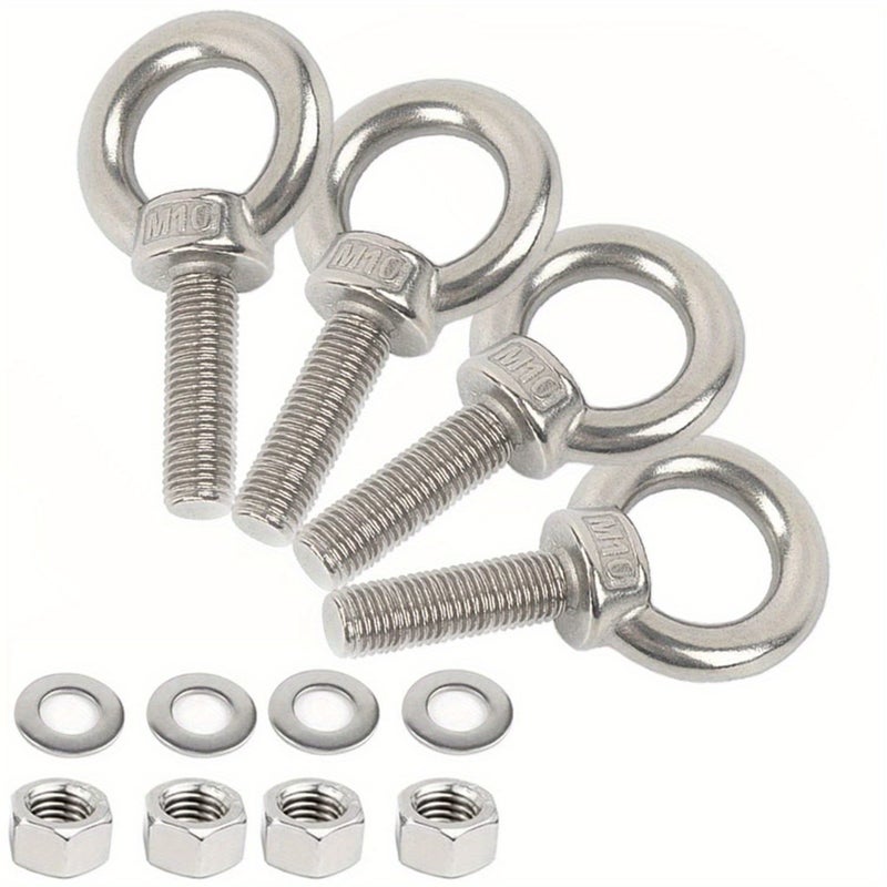 4 Piece M10 Stainless Steel Eye Bolt Set With Hex Drive Lifting Ring Partial Thread Flat Surface Washer And Nut For Lifting Tensioning And Fastening - Image 2