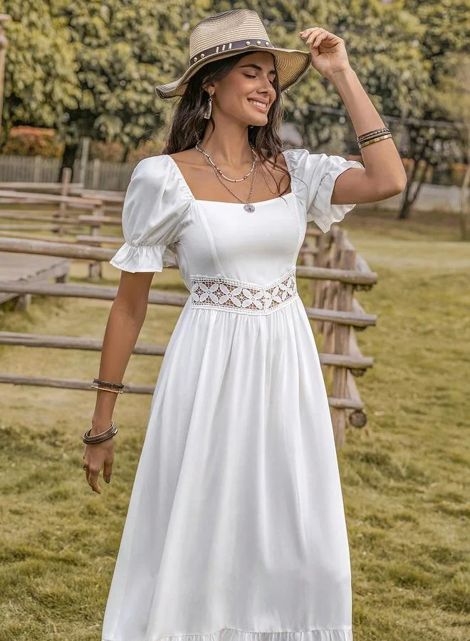 Take Two Take Two Lace Insert Square Neck Maxi Dress with Puff Sleeve
