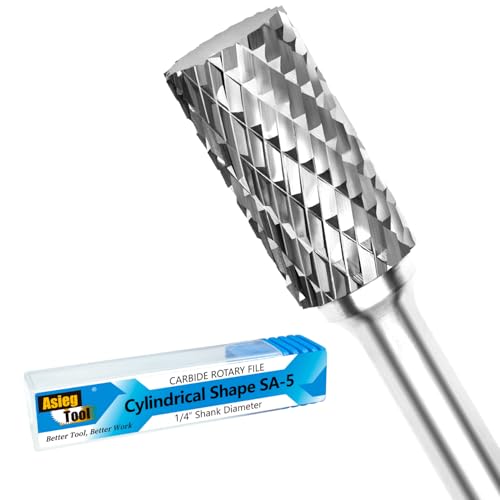 Asieg Tool SA-5 Tungsten Carbide Burr Rotary File Cylindrical Shape Double Cut for Die Grinder Drill Bits 1/4'' Inch Diameter of Shank and 1/2'' Inch Diameter of Cutter 1'' Inch Cutter Length - Image 1