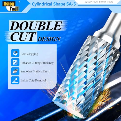 Asieg Tool SA-5 Tungsten Carbide Burr Rotary File Cylindrical Shape Double Cut for Die Grinder Drill Bits 1/4'' Inch Diameter of Shank and 1/2'' Inch Diameter of Cutter 1'' Inch Cutter Length - Image 4