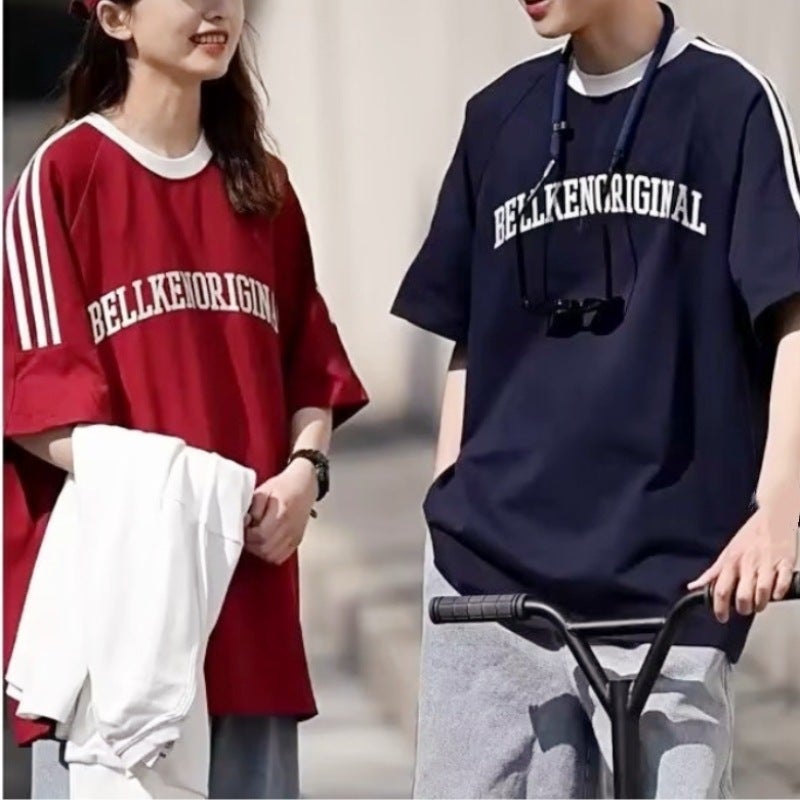 Patchwork contrast color Raglan short sleeve printed T-shirt summer American retro loose couple T casual all-match top half sleeve - Image 2