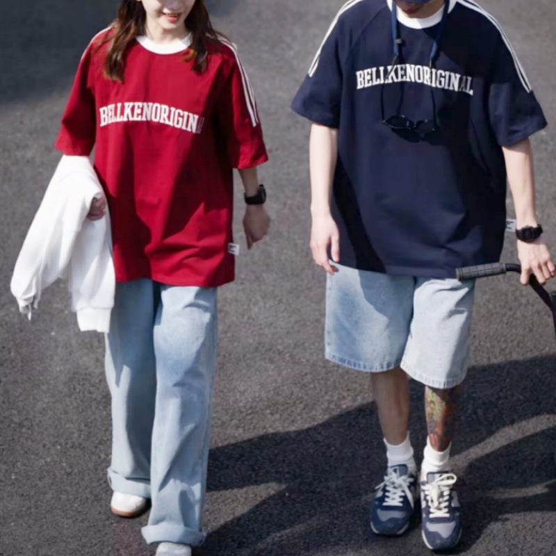 Patchwork contrast color Raglan short sleeve printed T-shirt summer American retro loose couple T casual all-match top half sleeve - Image 4