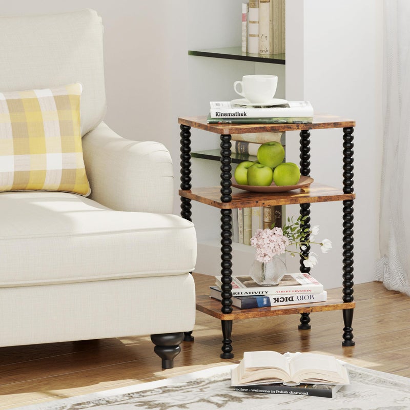 Lifenite Side Table, 3-Tier Small End Table, Tall Accent Table with Storage Shelf for Small Spaces, Bedroom, Living Room, Farmhouse, Rustic Brown - Image 2