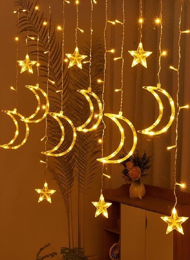 Star Moon Curtain Ramadan Lights for Bedroom Decor,3.5M Ramadan Decorations Light,Eid Moon Window String Lights,8 Flash Modes Led String Fairy Lights Stars Shaped And Moon Curtain Decorative Lights - Image 1