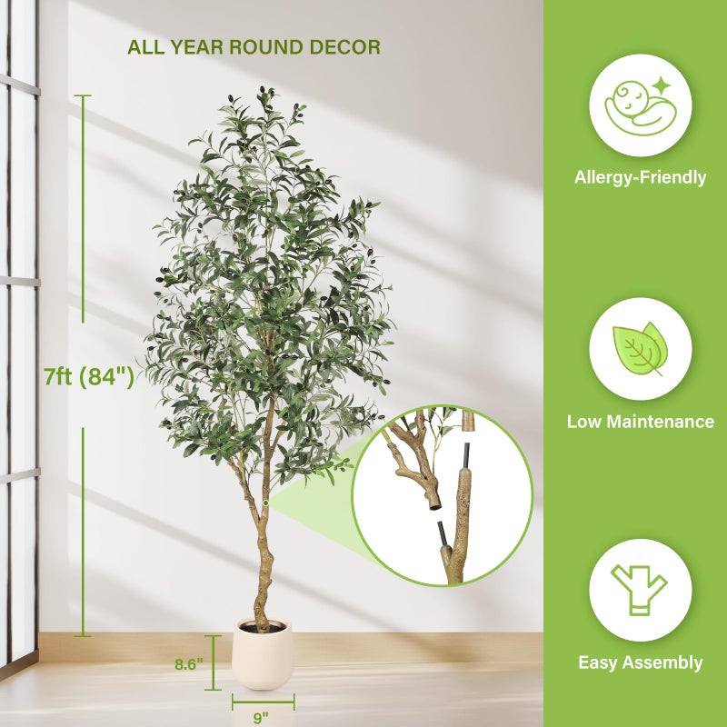 FEELEAD 7ft Olive Trees Artificial Indoor - Tall Faux Olive Tree 7 feet (84") with Pot, Fake Plants Natural Olive Branches and Realistic Leaves Olive Silk Tree for Home Office Decor - Image 2
