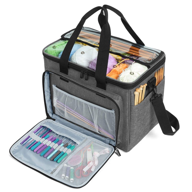 Teamoy Wool Storage Case Suitable for Carrying KnittingCrochet Wool and Pockets for Accessories Not Supplied Nylon Grey