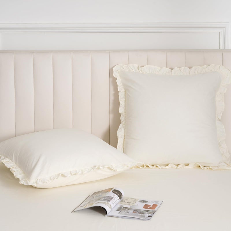 PHF 100% Washed Cotton Euro Shams with Ruffle  2 Pack 26"" x 26"" Cotton Euro Sham Pillow Covers  No Insert  Ultra Soft Decorative Farmhouse Pillow Covers for Bed Sofa  Cream  - Image 1