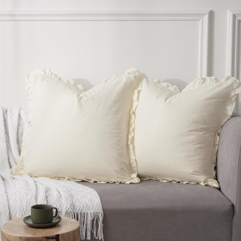 PHF 100% Washed Cotton Euro Shams with Ruffle  2 Pack 26"" x 26"" Cotton Euro Sham Pillow Covers  No Insert  Ultra Soft Decorative Farmhouse Pillow Covers for Bed Sofa  Cream  - Image 2