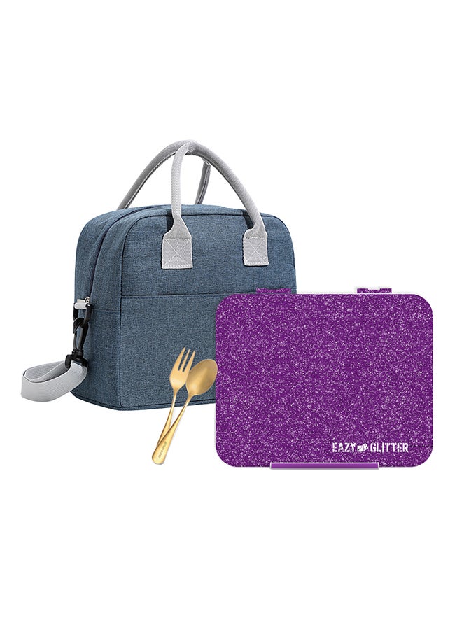 Eazy Kids Eazy Kids 6 & 4 Convertible Bento Lunch Box with Lunch Bag and Spoon Fork Set - Glitter Purple - Image 1