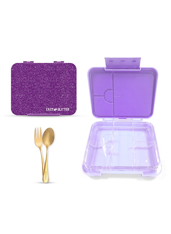 Eazy Kids Eazy Kids 6 & 4 Convertible Bento Lunch Box with Lunch Bag and Spoon Fork Set - Glitter Purple - Image 2