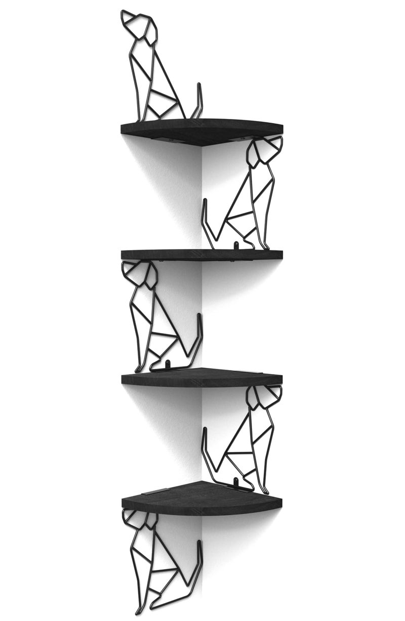 Alsonerbay Black Corner Shelf Wall Mount 4 Tier Floating Shelves for Wall Storage Rustic Wall Shelves Wood Shelves for Bedroom Living Room Bathroom Entryway Garage Dog Shaped