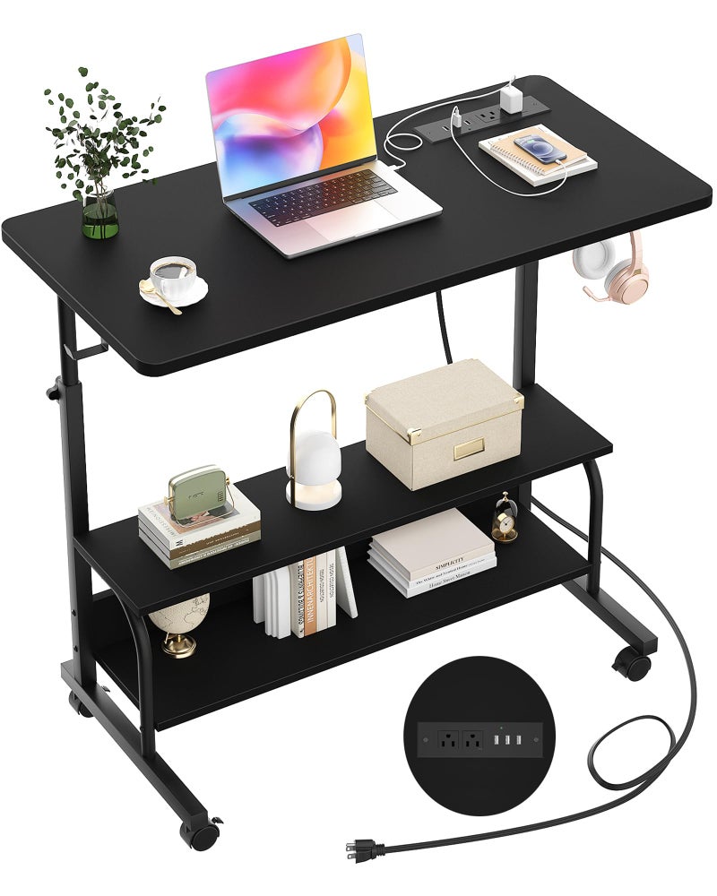 Armocity Height Adjustable Standing Desk with Power Outlets 32 Manual Stand Up Desk with Storage Shelves Small Mobile Rolling Computer Desk Portable Laptop Table with Wheels for Home Office Black