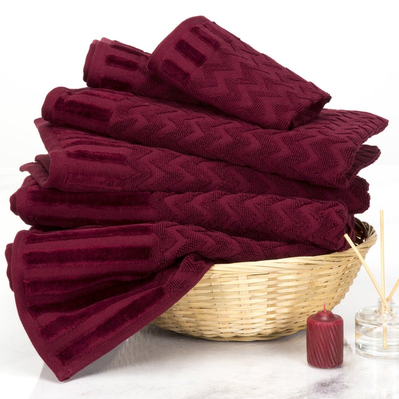 Lavish Home 6-Piece Cotton Deluxe Plush Bath Towel Set â€“ Chevron Pattern Plush Sculpted Spa Luxury Decorative Body, Hand and Face Towels (Burgundy) , 27"x54"x0.25" - Image 2