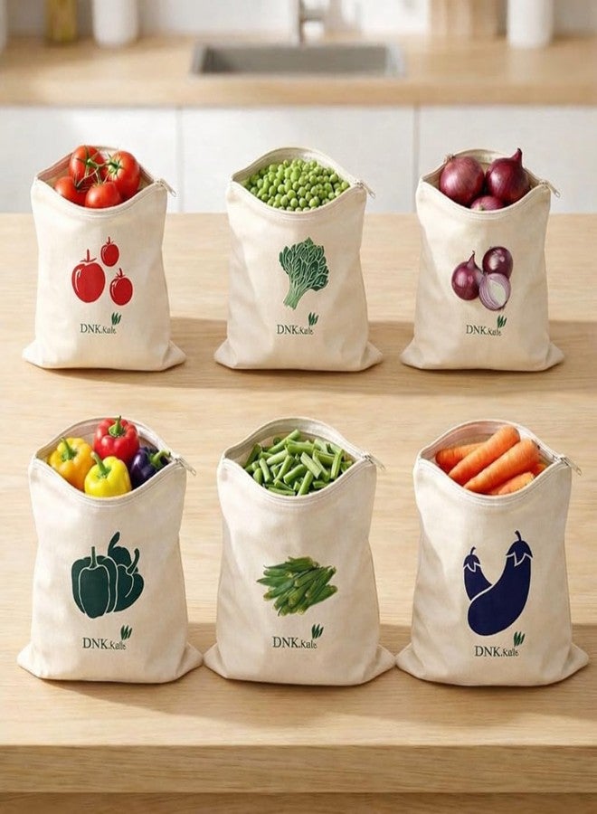 DNkitch 100% Cotton Reusable Vegetable Bags for Fridge | Eco-friendly Storage Bags for Kitchen Organizer Washable Breathable Zipper Cloth Bags for Vegetables (Pack of 6) - Image 1