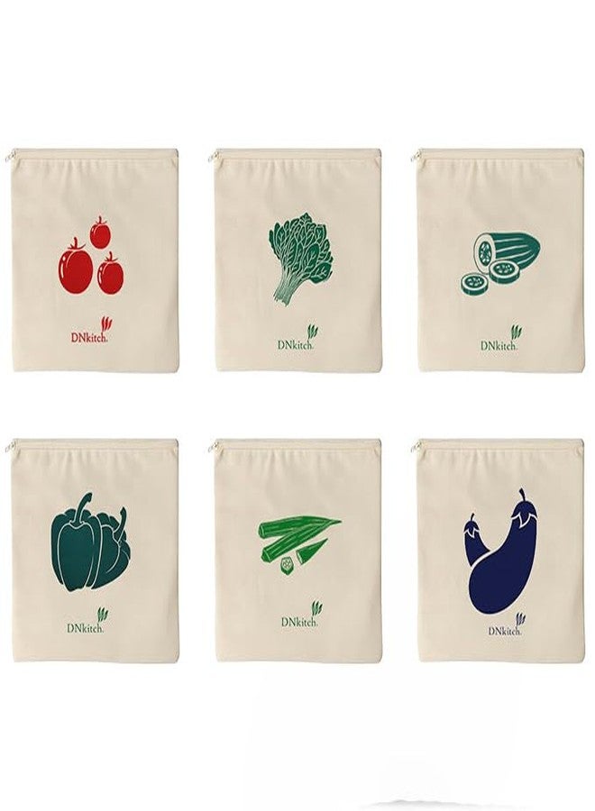 DNkitch 100% Cotton Reusable Vegetable Bags for Fridge | Eco-friendly Storage Bags for Kitchen Organizer Washable Breathable Zipper Cloth Bags for Vegetables (Pack of 6) - Image 4