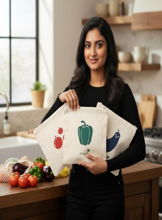 DNkitch 100% Cotton Reusable Vegetable Bags for Fridge | Eco-friendly Storage Bags for Kitchen Organizer Washable Breathable Zipper Cloth Bags for Vegetables (Pack of 6) - Image 5