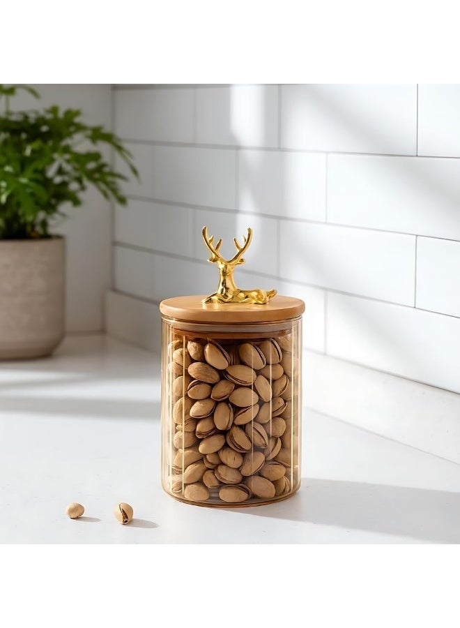 400ml Glass Storage Jar with Bamboo Deer-Design Lid – Airtight Food Canister for Honey, Sugar, Tea, Nuts, Dried Fruits, Snacks & Dry Goods – Stylish Decorative Kitchen and Home Container - Image 1