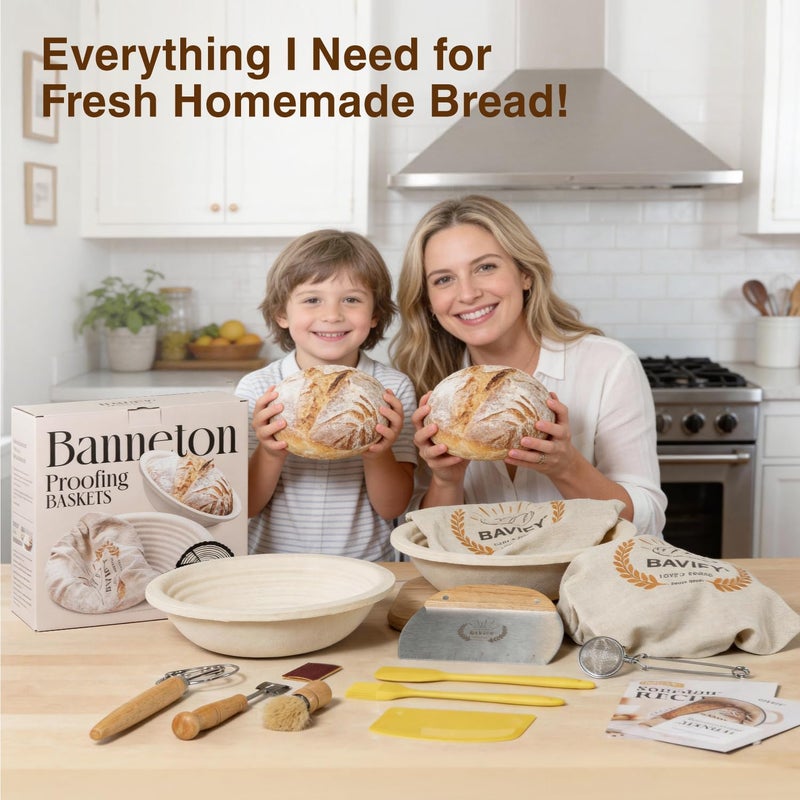 BAVIFY Sourdough Starter Kit, 9" Round 1KG Wood Pulp Banneton Bread Proofing Baskets Set, Sourdough Bread Baking Supplies Making Tools with Dough Scraper, Whisk, Bread Lame, Recipe - Image 2