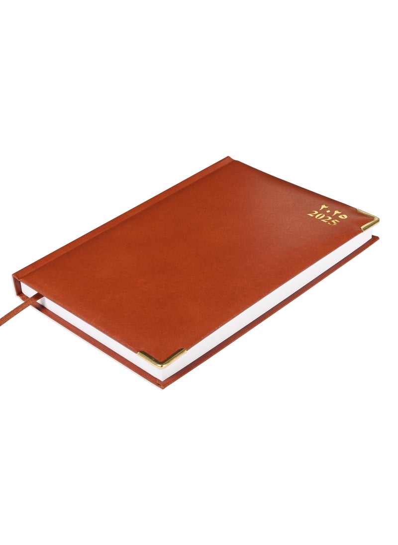 FIS Fis 2025 A5 Diary,Gold Corenrs, (Arabic/English) Vinyl 1Side Padded Brown -FSDI22AE25BR  - Image 1
