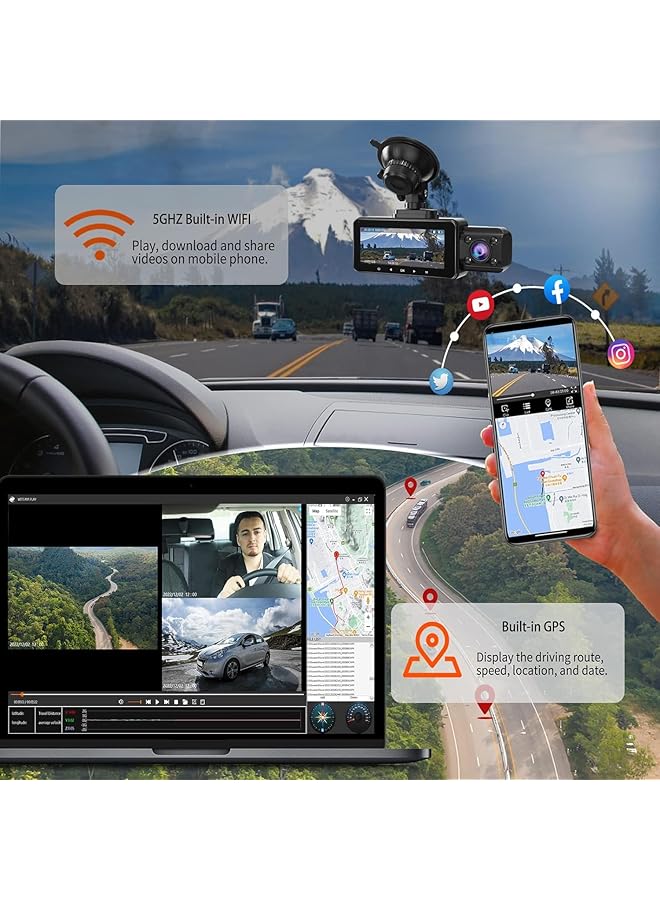 Razuvious 3 Channel 4K Wifi Dash Cam, 4K+1080P Front Inside Rear Triple Car Camera, 4K+1080P Dual Dash Camera, Bulid In 5G Wi-Fi And Gps,Ir Night Vision, 24H Parking Mode, Loop Record, G-Sensor - Image 3