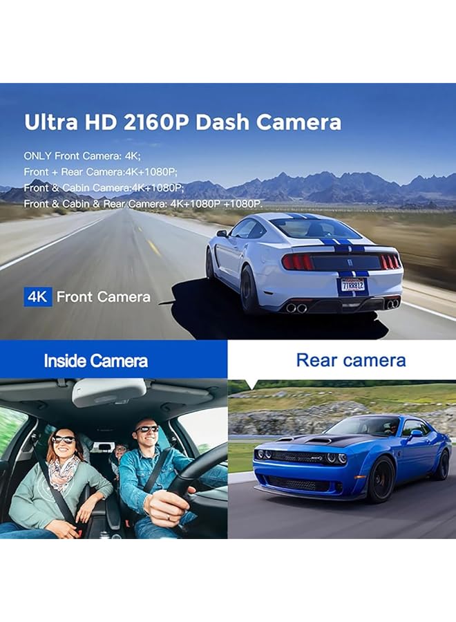 Razuvious 3 Channel 4K Wifi Dash Cam, 4K+1080P Front Inside Rear Triple Car Camera, 4K+1080P Dual Dash Camera, Bulid In 5G Wi-Fi And Gps,Ir Night Vision, 24H Parking Mode, Loop Record, G-Sensor - Image 2