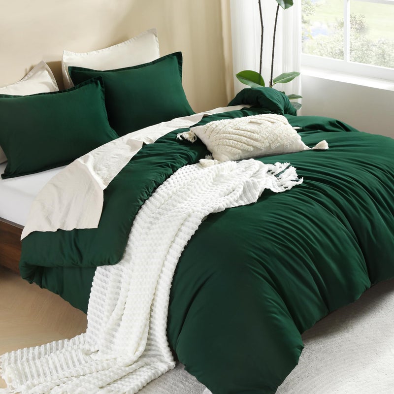 Litanika Litanika Dark Emerald Green Queen Comforter Set 3 Pieces Solid Forest Bedding Set All Season Fluffy Bed Set 90x90In Comforter  2 Pillowcases 