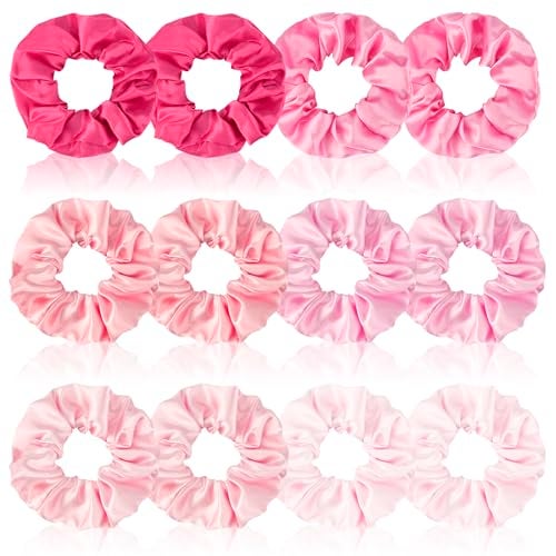 Cubaco Satin Scrunchies Set of 12 - Elastic Silk Bubble for Girls, Pink Hair Accessories and Valentine's Day Gifts - Image 1