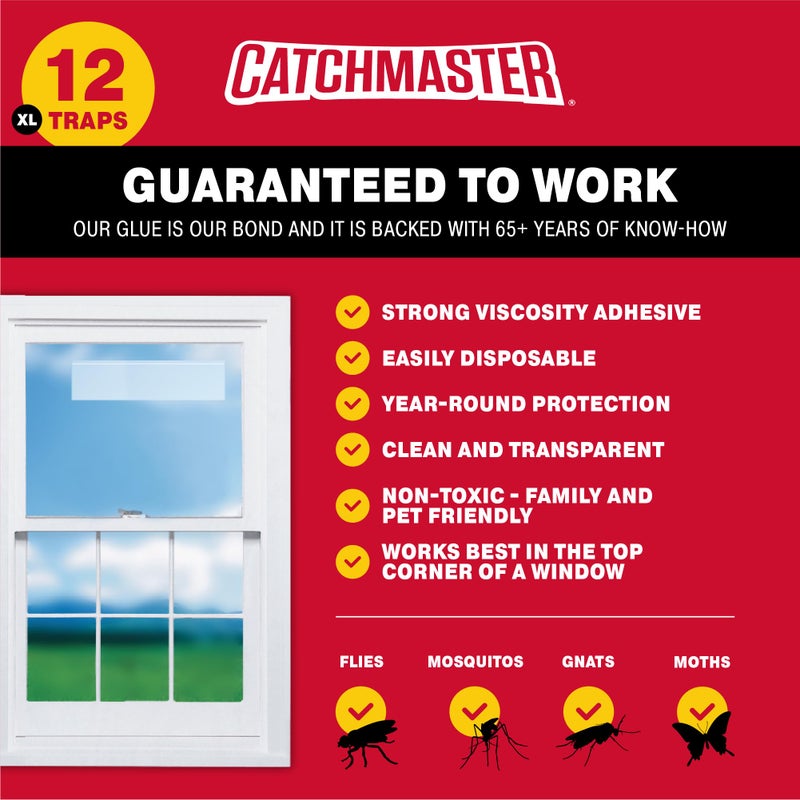 Catchmaster مصائد الذباب من كاتشماستر للنوافذ 12 حزمة XL، مصائد ذباب الفاكهة للداخل، مصيدة حشرات قابلة للتخلص منها، مصيدة لاصقة مقاومة للماء، شرائط لاصقة للذباب، مكافحة الآفات للمنزل والمطبخ والمرآب - Image 3