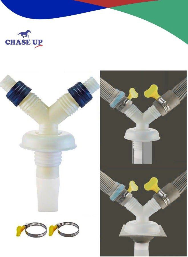 Chase Up Drain Hose Connector Adapter, 1 Pc Washer Double Outlet Connector, Y-Shaped Floor Drain Hose Adapter with 2 Pcs Hose Clamps, 2-in-1 Washing Machines Drainage Pipe 3-Way Joint - Image 1