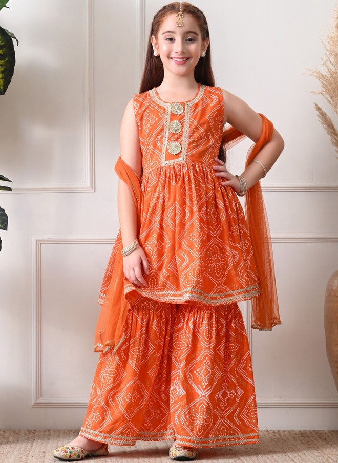 Indi-Loom Couture Girls Ethnic Motifs Printed Regular Gotta Patti Kurta with Sharara & Dupatta - Image 3