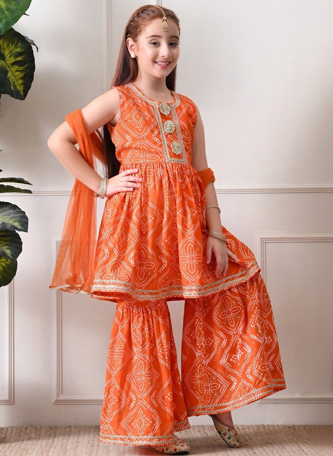 Indi-Loom Couture Girls Ethnic Motifs Printed Regular Gotta Patti Kurta with Sharara & Dupatta - Image 5