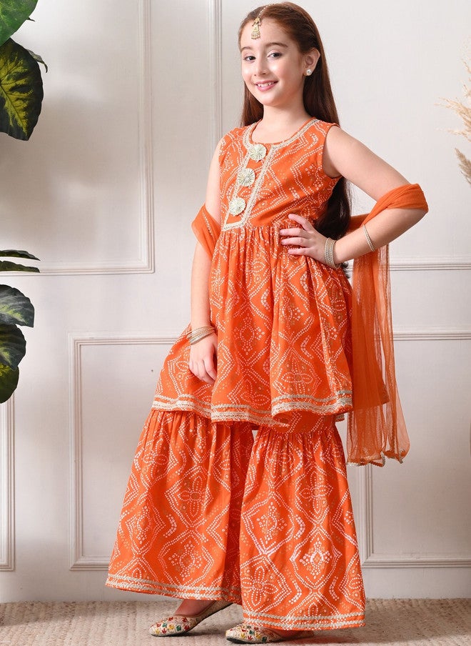Indi-Loom Couture Girls Ethnic Motifs Printed Regular Gotta Patti Kurta with Sharara & Dupatta - Image 4