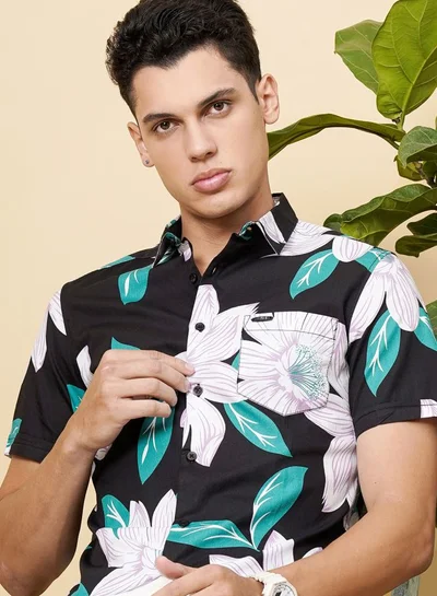 The Indian Garage Co Men Slim Fit Tropical Half Sleeves Spread Collar Resort Wear Shirt