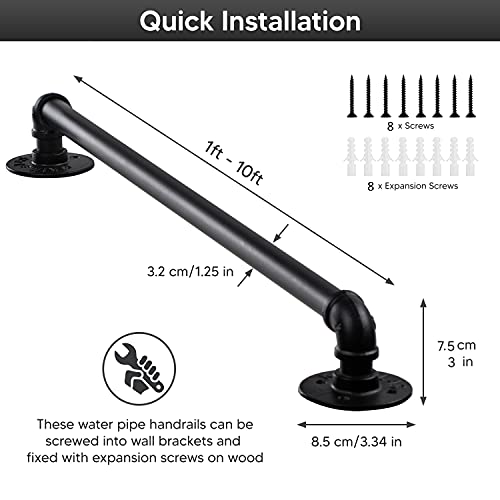 Senmit Handrail for Indoor Stairs - 4 Feet Wall Mount Industrial Iron Pipe - Metal Railing Non-Slip Grab Bar - Stairs Porch Deck Hand Rail Matte Black - Image 2