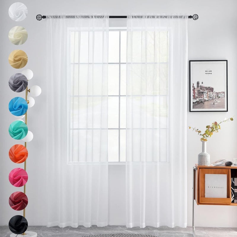 youleyar الصلبة القضيب القضيب الستار Voile draperies 2 لوحات بيضاء بيج قهوة رمادية سوداء 60 بوصة عرض 63 بوصة 1 زوج 1 زوج لغرفة نوم المطبخ ساحة غرفة المعيشة (أبيض 60wx63l) - Image 1